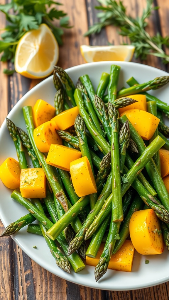 Sautéed asparagus and yellow squash medley served on a plate, garnished with herbs, on a wooden table.